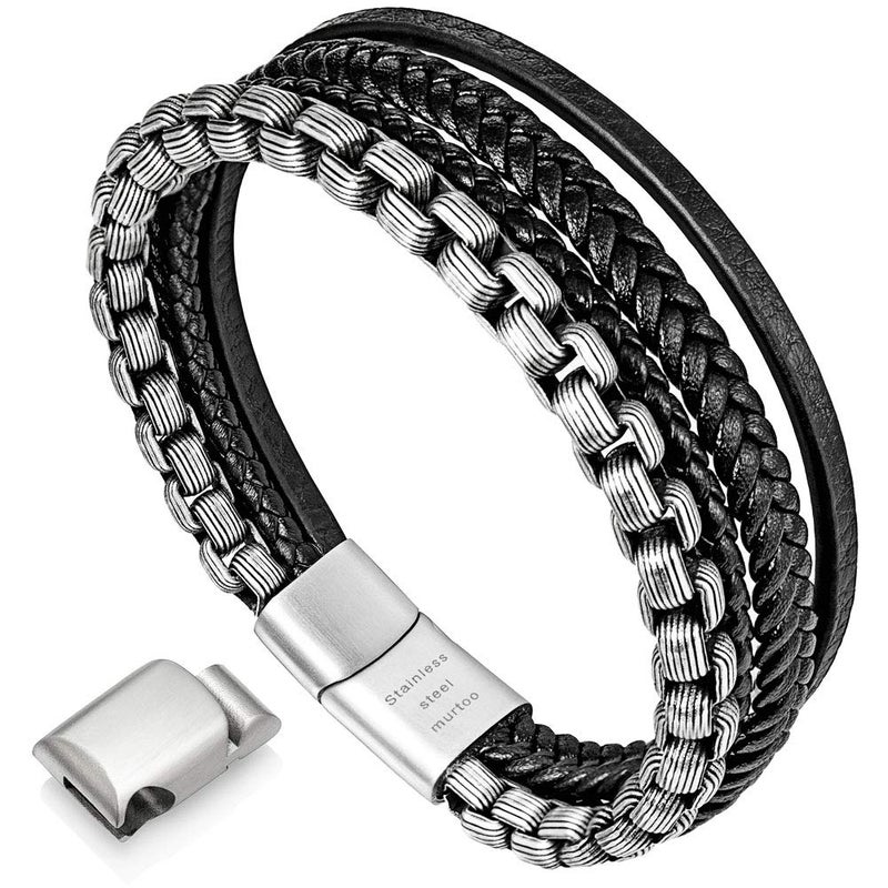 murtoo Mens Bracelet Leather and Steel, Stainless Steel Chain and Leather Bracelets for Men - Image 1